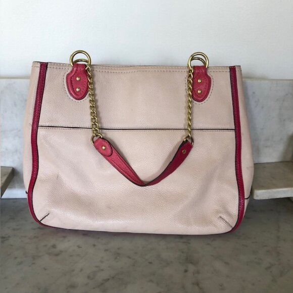 COACH Pink Cream/ Light Taupe Leather Color Block Chain Strap Tote Purse - Picture 6 of 14